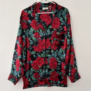 Vtg Gold Label Victoria’s Secret Button Night Shirt Floral Red Flower L Sleep